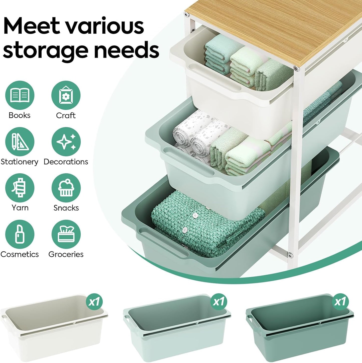 Rolling Storage Cart with 3 Drawers, Craft Organizer, Wooden Tabletop Utility Cart for Bedroom, Children's Room and Office Organization, Under Desk Trolley with Lockable Wheels,White