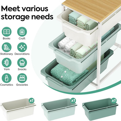 Rolling Storage Cart with 3 Drawers, Craft Organizer, Wooden Tabletop Utility Cart for Bedroom, Children's Room and Office Organization, Under Desk Trolley with Lockable Wheels,White