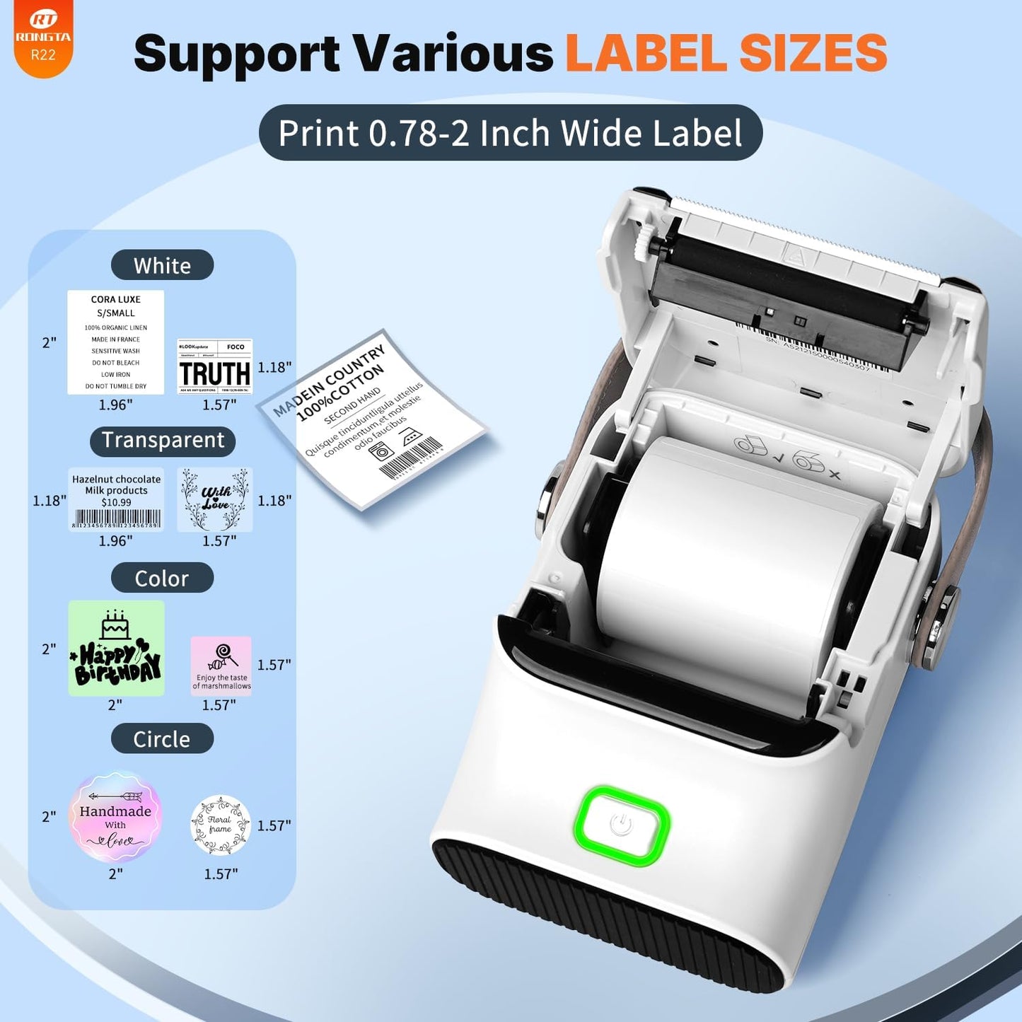 Rongta Bluetooth Label Maker Machine with Tape, Thermal Label Printer for Office, Small Business Essentials, Home Organization, Portable Inkless Sticker Label Maker with 2x1.18 inch Labels