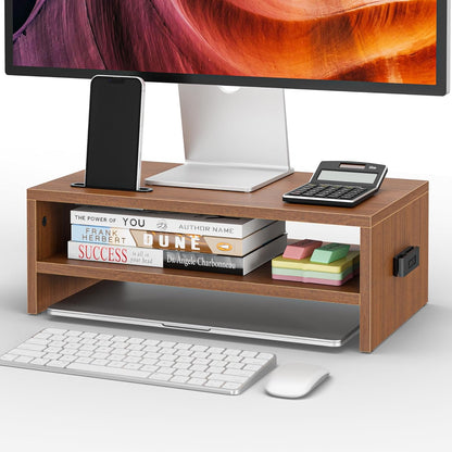 BONTEC Wooden Monitor Stand Riser, 2-Tier Desk Shelf with Storage Organizer, Ergonomic Computer Stand with Cable Management, Cellphone Holder, White, 16.5 Inch