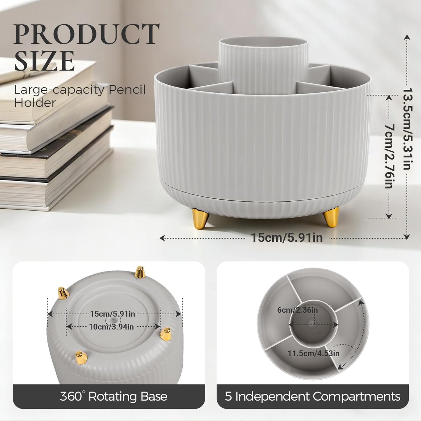 KONVINIT Pencil Pen Holder for Desk, 5 Slots 360 - Degree Rotating Desktop Organizer, Cute Desk Organizers and Accessories for School, Home, Office and Art Supply, Beige