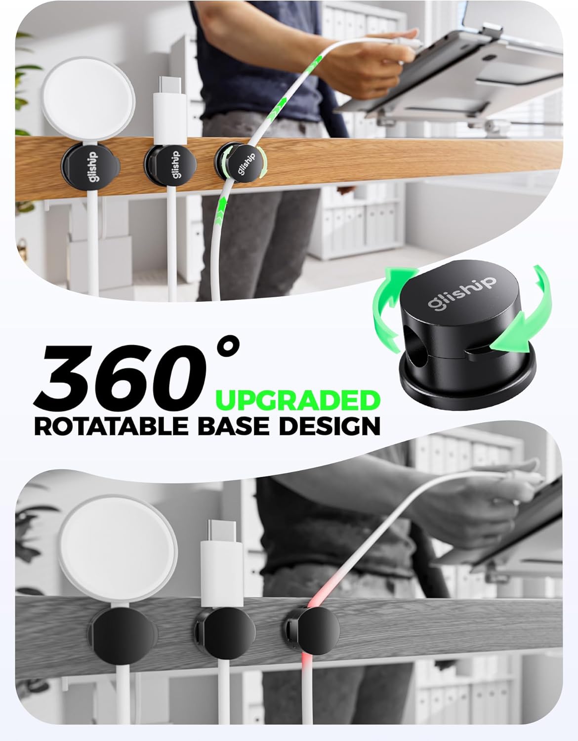 9 Pack Magnetic Cable Clips - gliship [Upgraded 360° Rotatable] Cord Organizer, Strong Magnetic Cord Holder, Adhesive Wire Keeper, Phone Cord Holder, Nightstand Wire Keeper Desk Decor, Tidy Helper