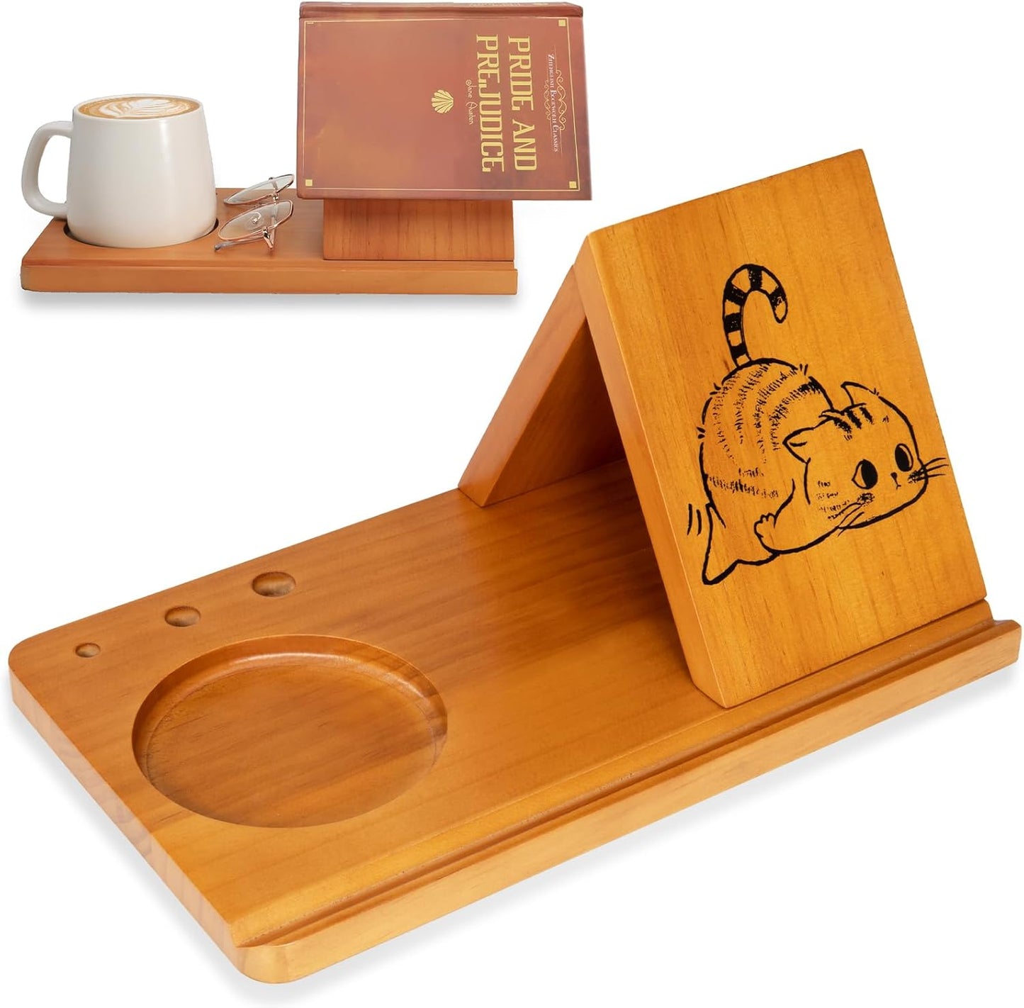 Wood Desktop Book Stand for Reading Rest Birthday and Mothers Day Gifts, Book Page Holder Thumb Bookmark,Magnet Couple Photo or Note, Book Accessories, Triangle Book Nook with Cup for Book Lovers