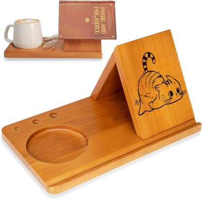 Wood Desktop Book Stand for Reading Rest Birthday and Mothers Day Gifts, Book Page Holder Thumb Bookmark,Magnet Couple Photo or Note, Book Accessories, Triangle Book Nook with Cup for Book Lovers