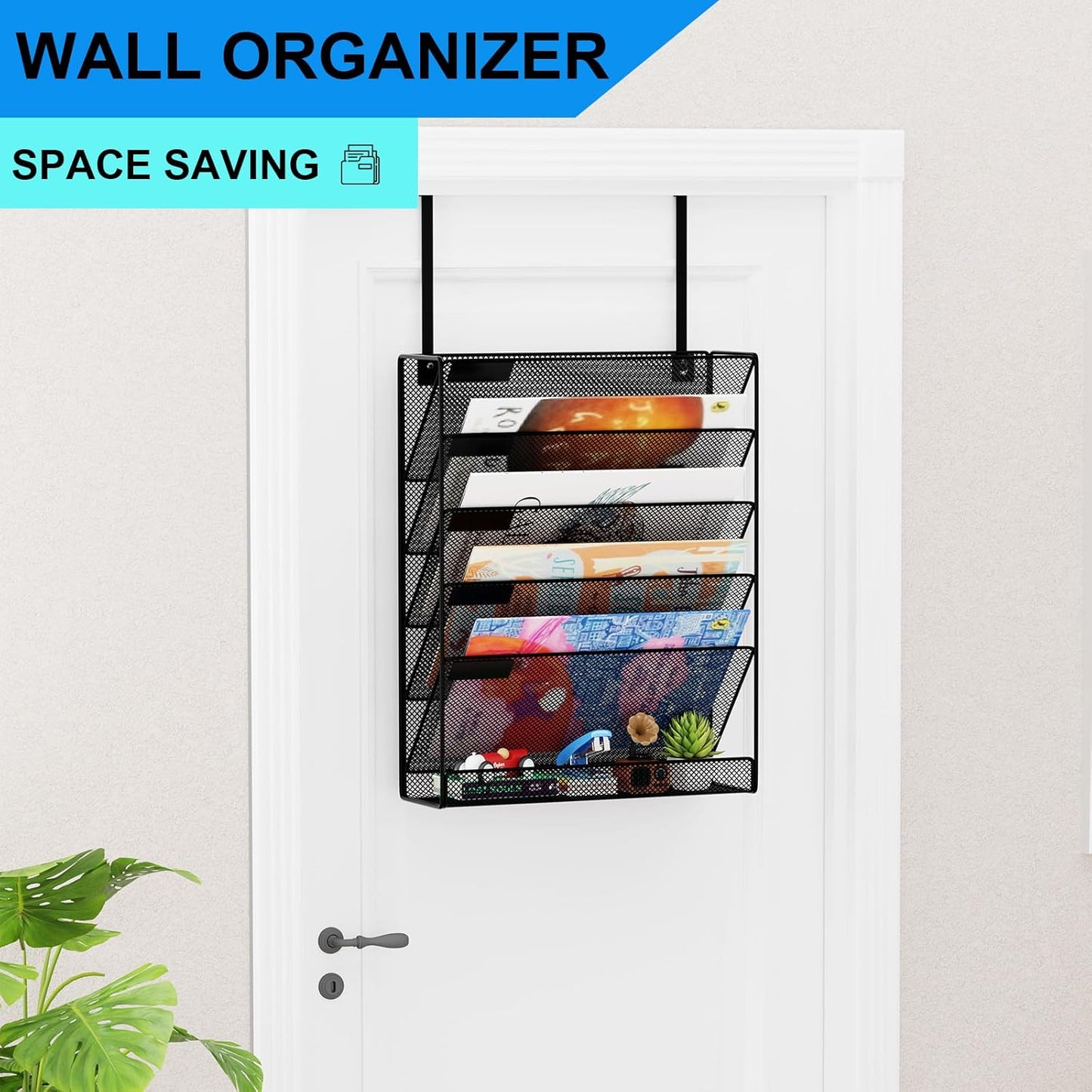 Wall File Organizer Holder Mesh Hanging Paper Document Holder,Vertical 6 Pocket Tier for Office Home, Black