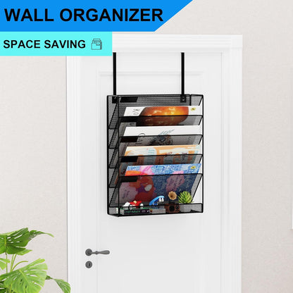 Wall File Organizer Holder Mesh Hanging Paper Document Holder,Vertical 6 Pocket Tier for Office Home, Black