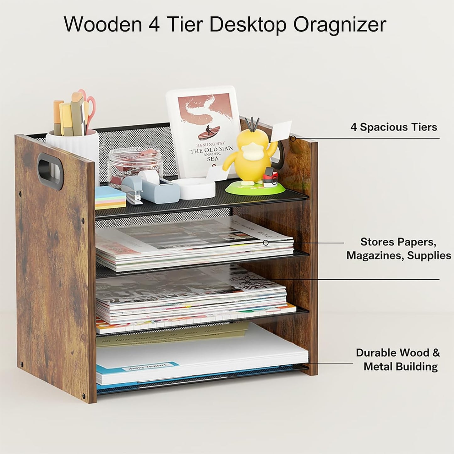 Wood Desk Organizer - 3-Tier Desktop File Organizer with Drawer, Wooden Paper Tray, Office Desk Organzier and Accessories for Papers, Mail, Notebooks, Stationery