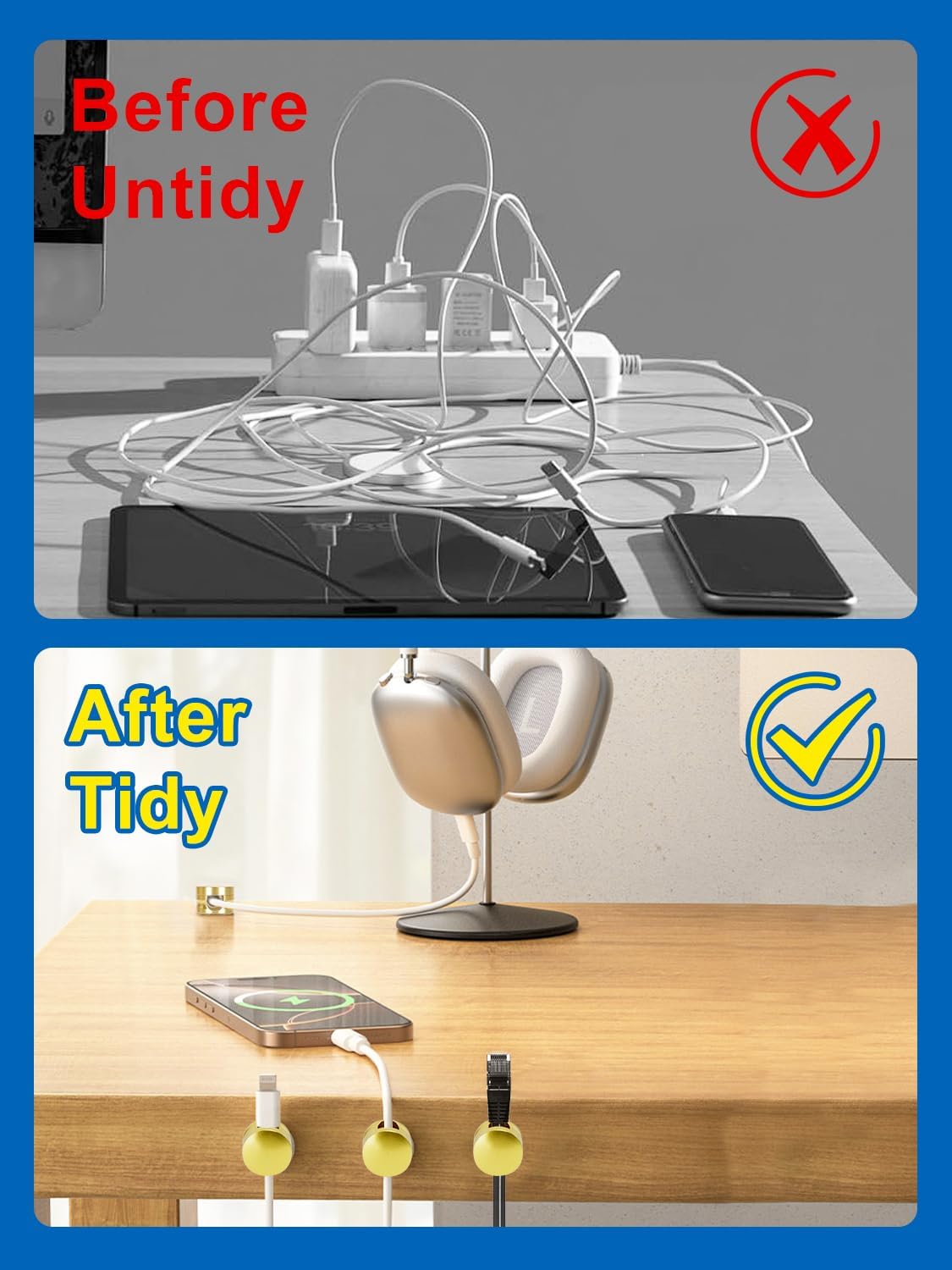 3 Pack Upgraded Cord Management Clips with Extra-Large Adhesive Base, Stronger Hold Phone Charger Holder for Nightstand, Premium Aluminum Gold Sticky USB Wire Organizer Cable Clips for Desk