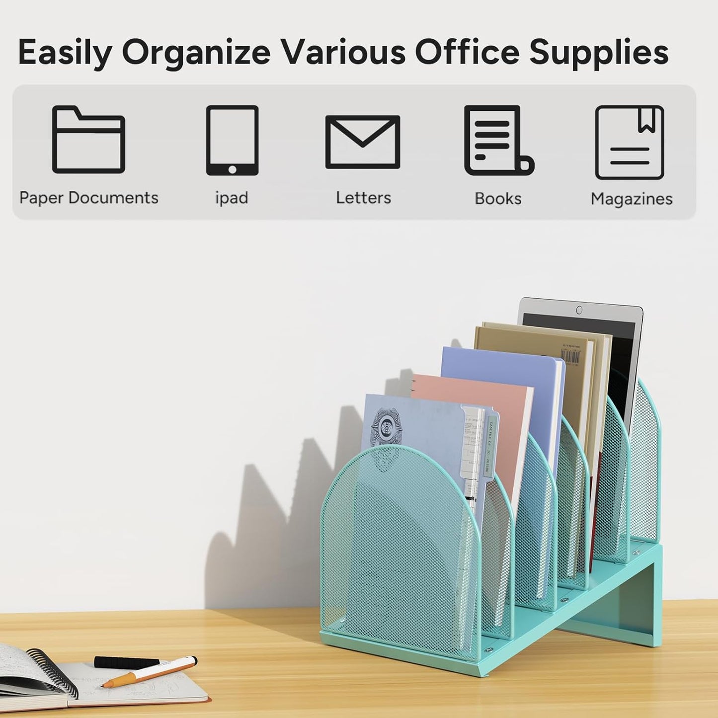 5-Section Desk File Organizer, Metal Mesh Folder Organizer for Documents, Mail & Office Papers (Black)