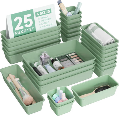 BiuLeon 25 PCS Plastic Drawer Organizers Set, 4-Sizes Vanity and Makeup Organizer, Desk and bathroom Drawer Organizer Trays, Organizers and Storage for Makeup, Jewelry, Gadgets, Utensils (Pink)