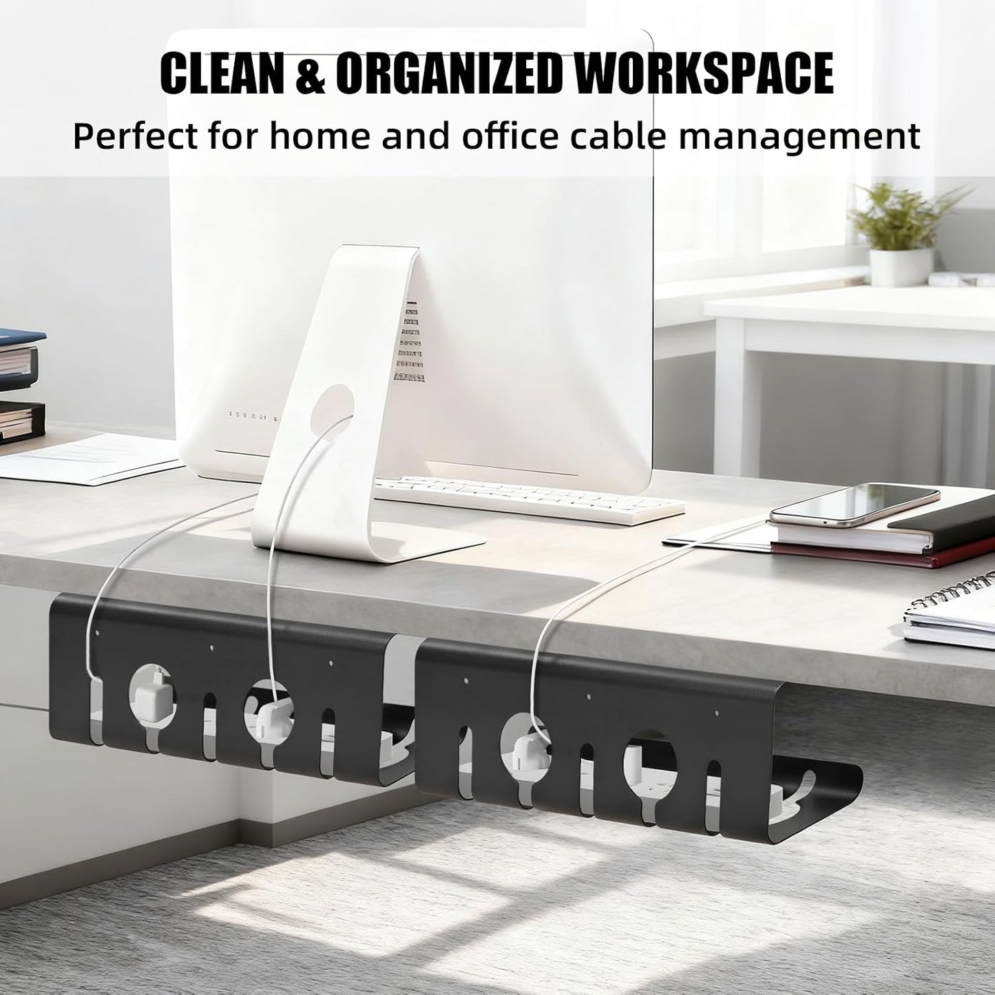 Under Desk Cable Management, 2 Pack 17" Cable Tray Organizer, No Drill or Screw Mount, Standing Desk Cable Management, Cord Organizer, White