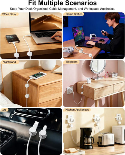 OneLeaf 12 Pack 360° Rotatable Spring Cable Clips[1s Lock], Adhesive Cord Holder for Nightstand, Phone Charger Cord Holder for Desk Home Office Car Game Station