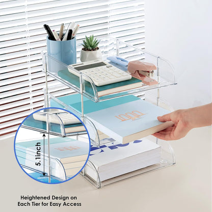 Clear Stackable Paper Trays 4 Pack, PET Letter Tray Desk Organizer, Desktop Organizers and Storage for Books, Magazines, Folders, A4 Size File Paper, Office Supplies