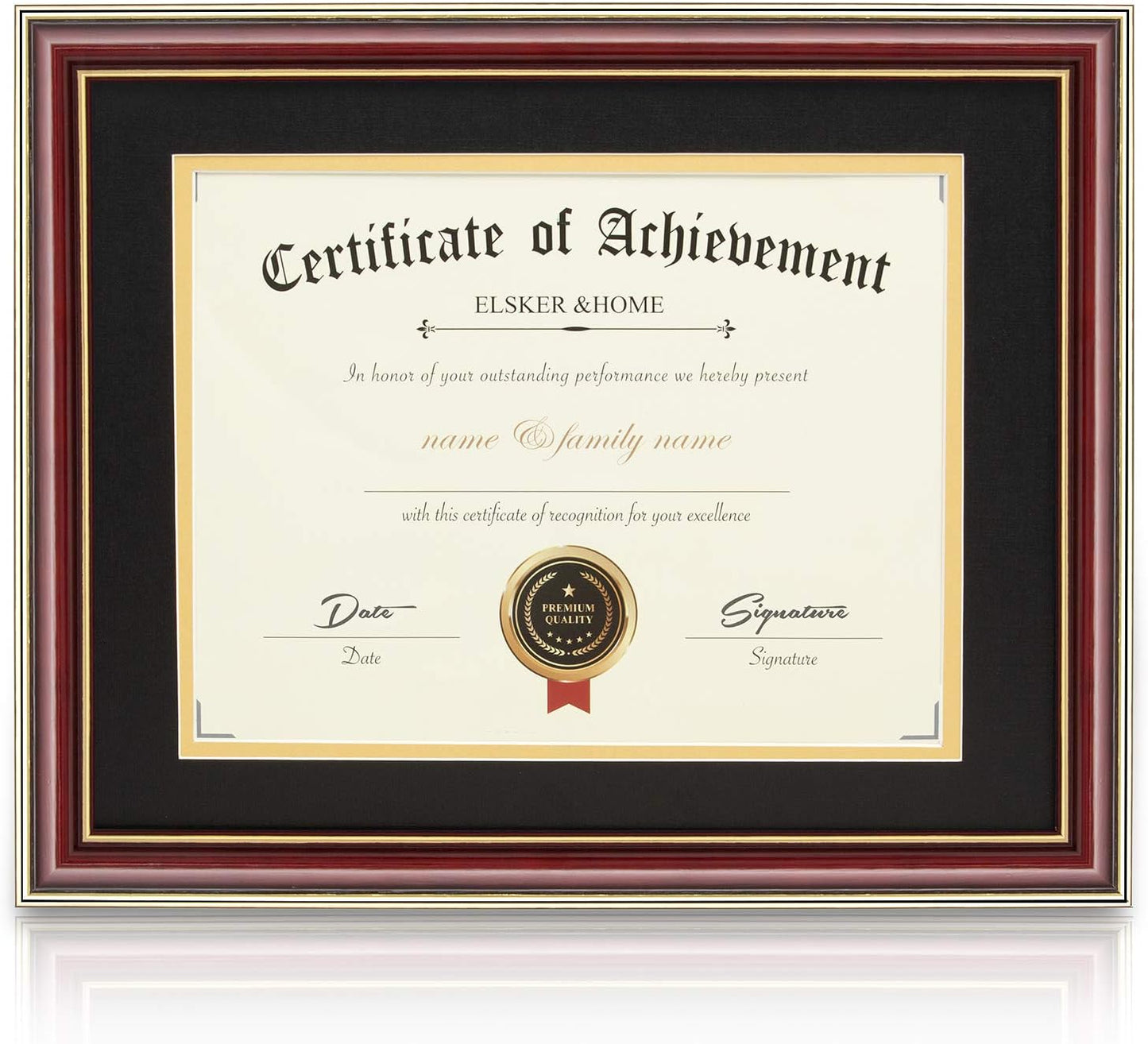 ELSKER&HOME Diploma Frame - Wide Solid Wood Frame - Black Velvet Golden Rim Mat - Semi-Tempered Glass - Includes Hanging Hardware and Desktop Easel(ONLY Display 11×14 Document/Certificate)