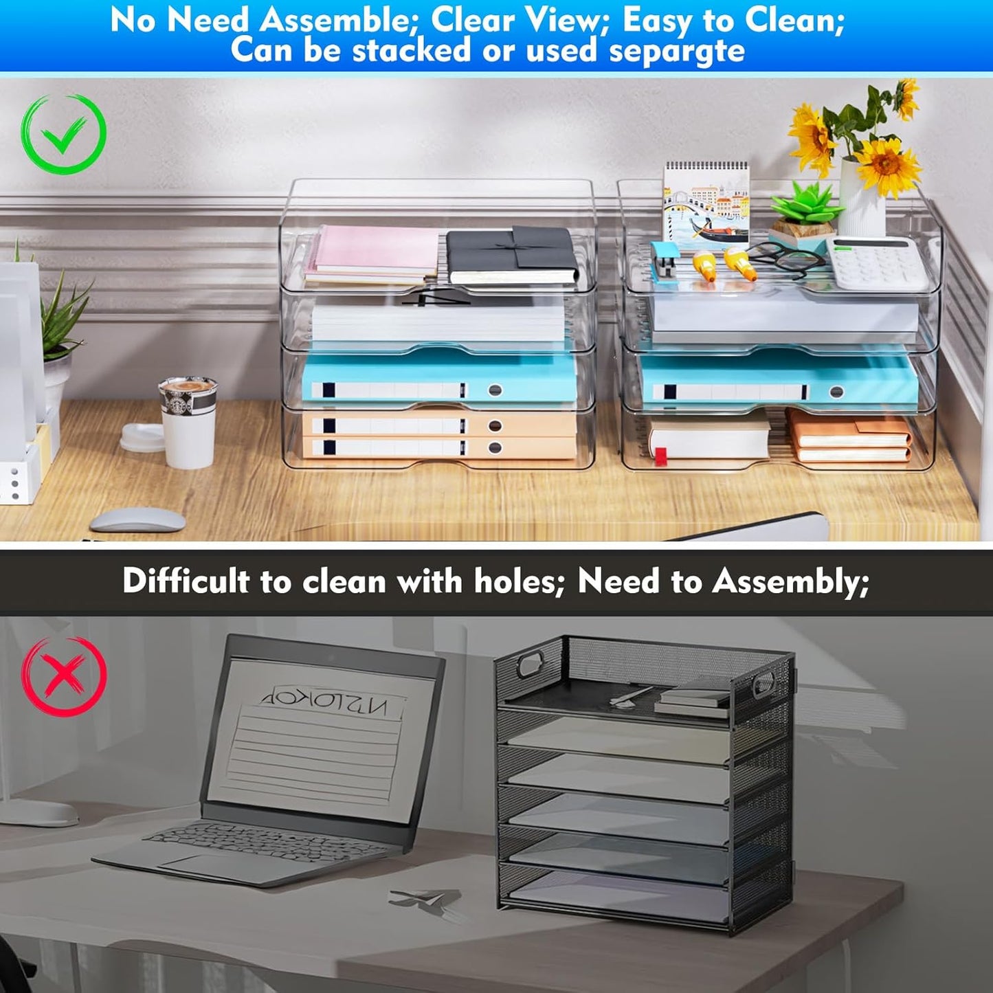 Paper Organizer Letter Tray - Acrylic Stackable Desk File Organizer with 5-Gird Tray and Pencil Holder, Clear File Organizer for Desk, Office Organizer for File Paper, Ipad, Letter, Small Item Etc