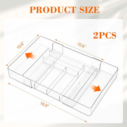 Briwooody 1 Pcs Large Expandable Acrylic Drawer Organizers, Grid Adjustable Drawer, Dividers Organizer for Desk, Makeup, Jewelry, Office, Kitchen Supplies (Clear,5 Compartments)
