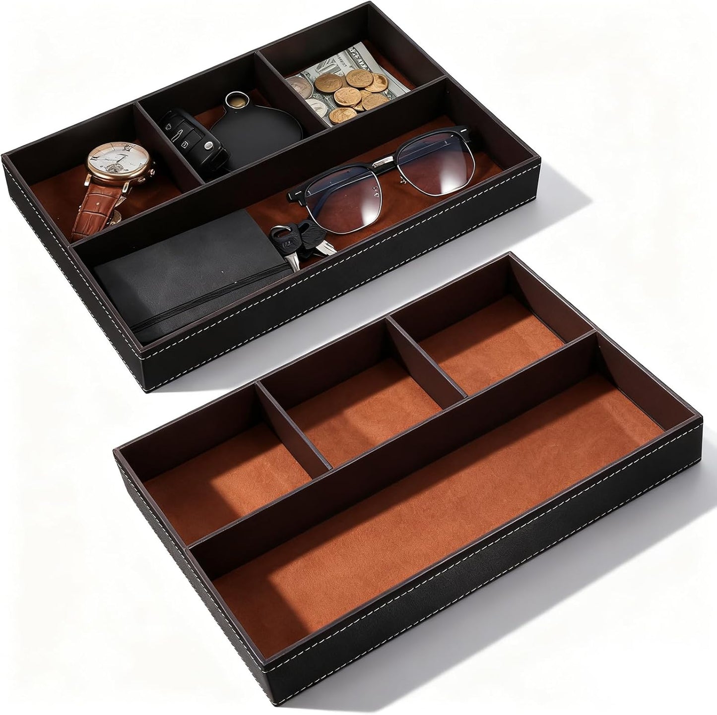 2 Pieces Faux Leather Valet Tray for Men, Stackable Jewelry Trays for Drawers, Mens Dresser Top Organizer for Key, Wallet, Sunglass, Watch, Coin, Phone, Nightstand Bedside Tray Brown
