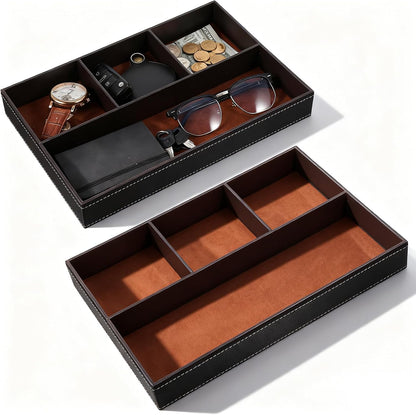 2 Pieces Faux Leather Valet Tray for Men, Stackable Jewelry Trays for Drawers, Mens Dresser Top Organizer for Key, Wallet, Sunglass, Watch, Coin, Phone, Nightstand Bedside Tray Brown