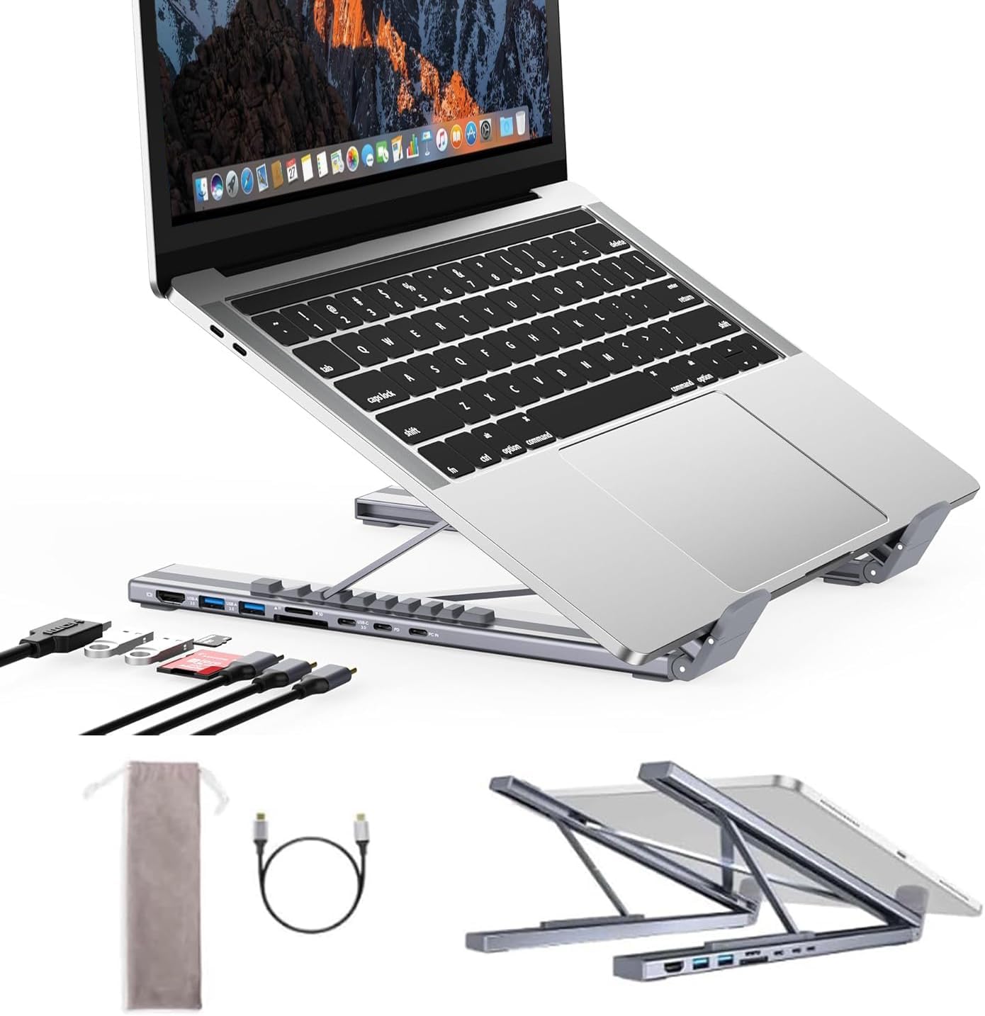 Laptop iPad USB C Docking Station Stand,Aluminum Tablet Holder, 8 in 1 USB C Hub with 4K HDMI, PD 100W, 2 USB 3.0, SD/TF Reader, for MacBook/iPad/Dell/HP/Surface/Lenovo, Plug and Play