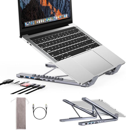 Laptop iPad USB C Docking Station Stand,Aluminum Tablet Holder, 8 in 1 USB C Hub with 4K HDMI, PD 100W, 2 USB 3.0, SD/TF Reader, for MacBook/iPad/Dell/HP/Surface/Lenovo, Plug and Play
