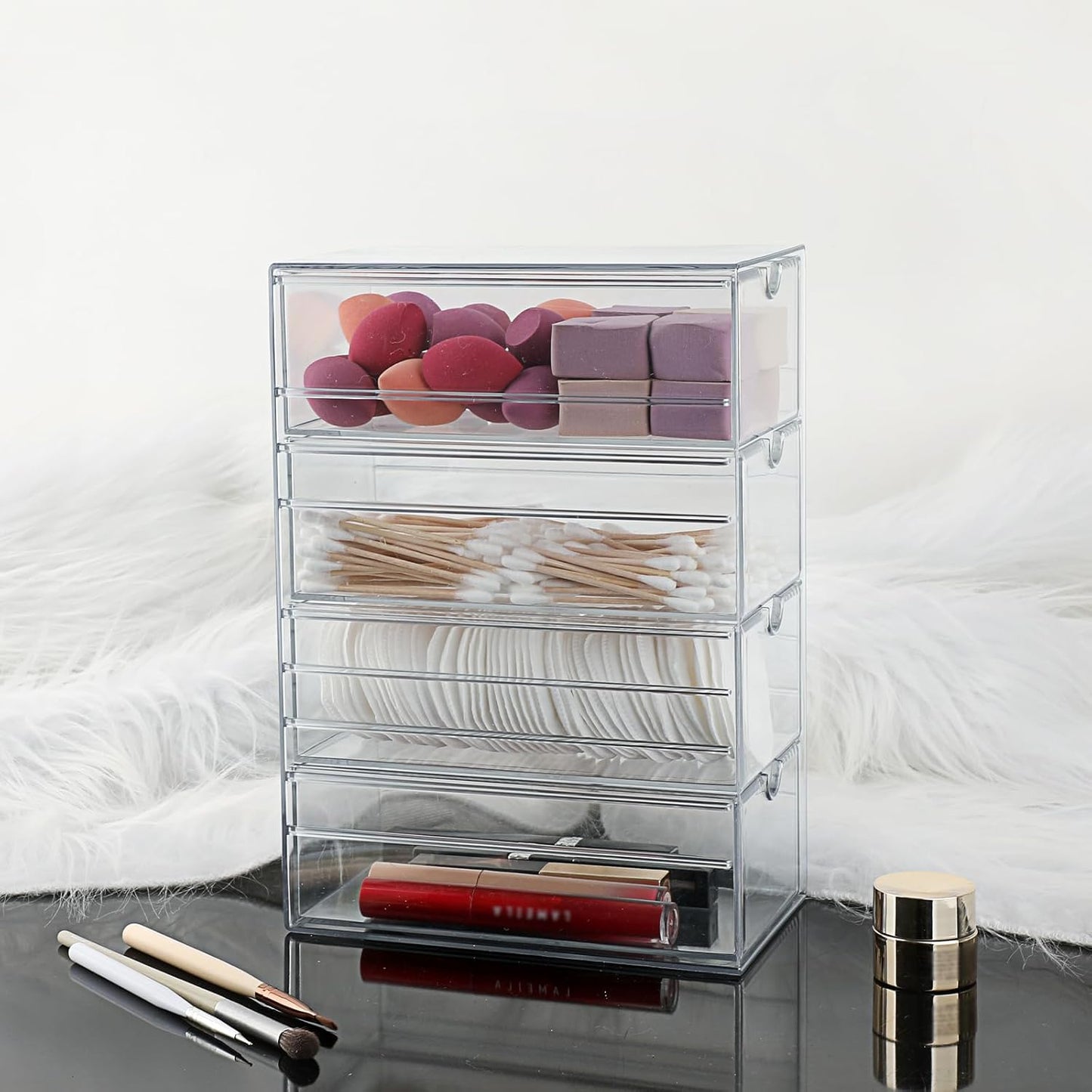 Hipiwe Plastic Drawer Organizer Clear Desktop Drawers Box with 6 Pull Out Drawer Compact Storage Box for Cabinet Vanity Bathroom Bedroom Pantry Shelf Office Closet Organization
