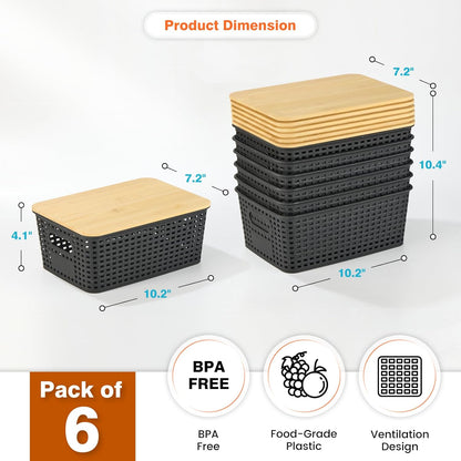 Ohmlove Plastic Storage Baskets With Bamboo Lid - Plastic Storage Containers Stackable Storage bins: Storage Baskets for Organizing Shelves Drawers Desktop Closet Playroom Classroom Office, 6 Pack