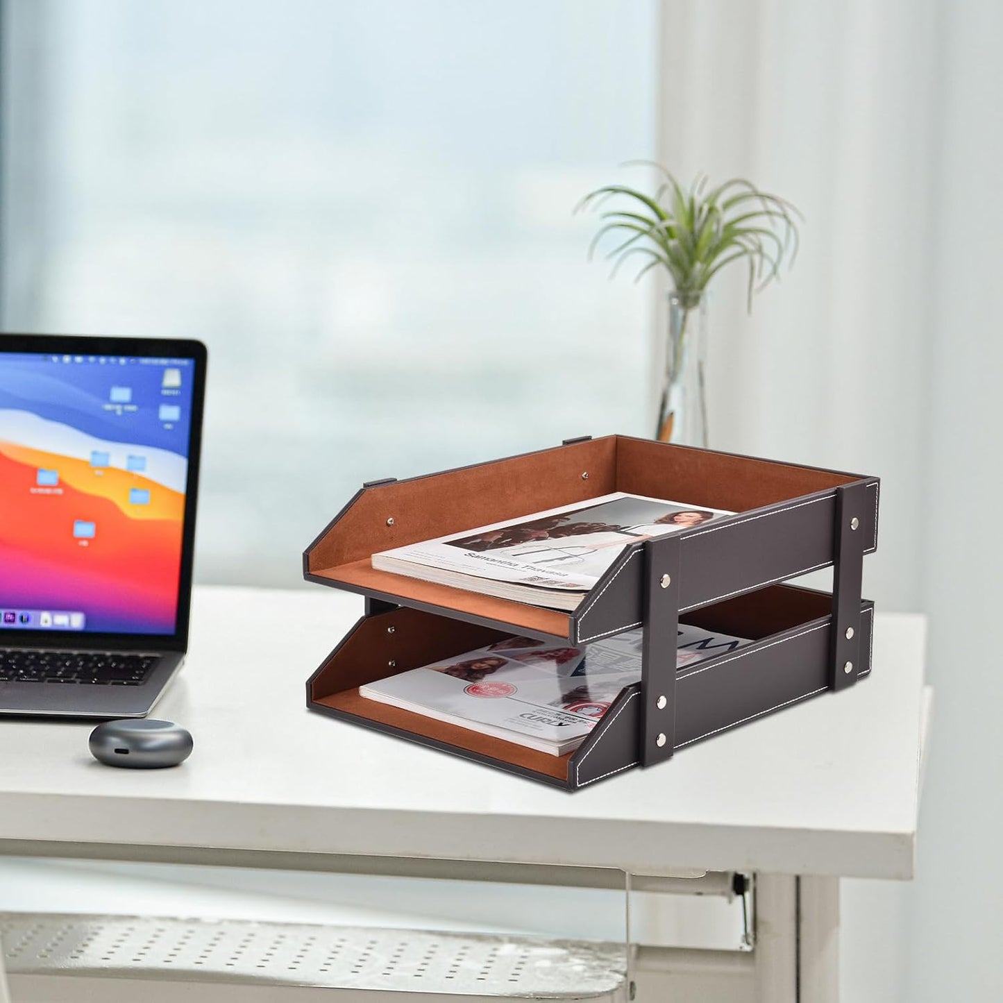 Leather Desk Organizer,2-Tier Stackable Letter Tray Holder,Office Supplies Desktop Storage Box for Document,Stationery,Magazines,Newspapers,Letters and Other Home Office Paper Sundries,Black
