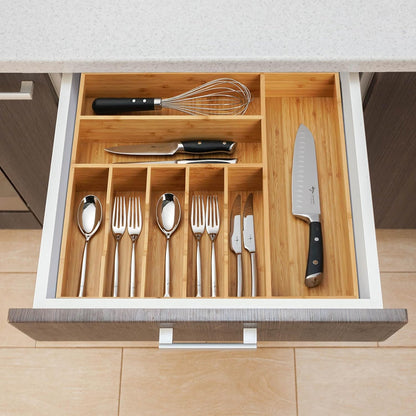 Umilife Bamboo Kitchen Drawer Organizer, 13 Inch Silverware Utensil Tray Holder, Extra Deep Grooved Drawer Divider, 7 Slots Total Bamboo Wood Caddy for Flatware Cutlery Knives, Forks, Spoons