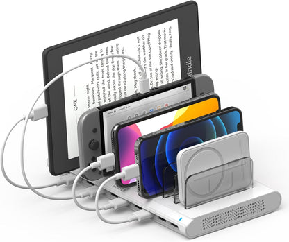 Unitek Charging Station for Multiple Devices, 10-Port USB Charger with SmartIC Technology and Adjustable Dividers, Organizer Stand Compatible with iPad, Tablet, Kindle, iPhone, White