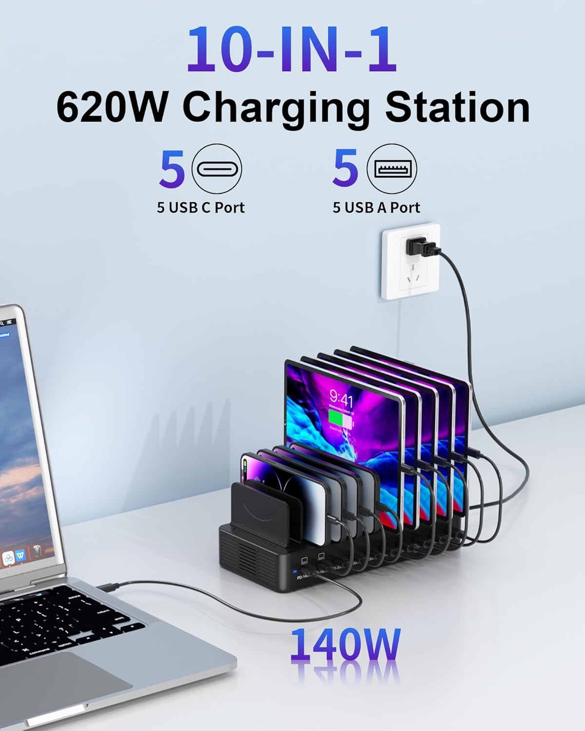 580W Charging Station for Multiple Devices, 10-Port USB C Fast Charger Station, Dual PD 100W Charging Dock with Adjustable Dividers & 6 Cables-Device Organizer for Laptop MacBook, iPhone, iPad