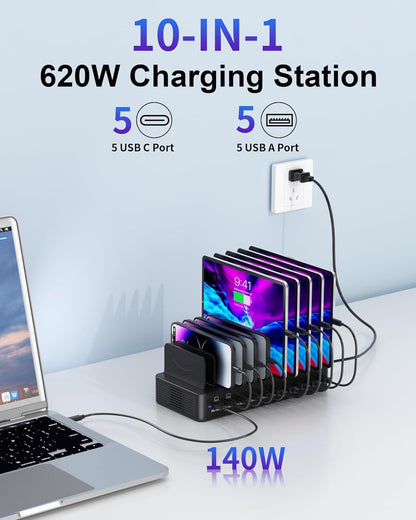 580W Charging Station for Multiple Devices, 10-Port USB C Fast Charger Station, Dual PD 100W Charging Dock with Adjustable Dividers & 6 Cables-Device Organizer for Laptop MacBook, iPhone, iPad
