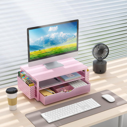 gianotter Wood Monitor Stand Riser, Office Desk Shelf Organizer, Desk Organizer with Drawer and Pen Holder, 2-Tier Computer Stand, Office Organization (Ink)