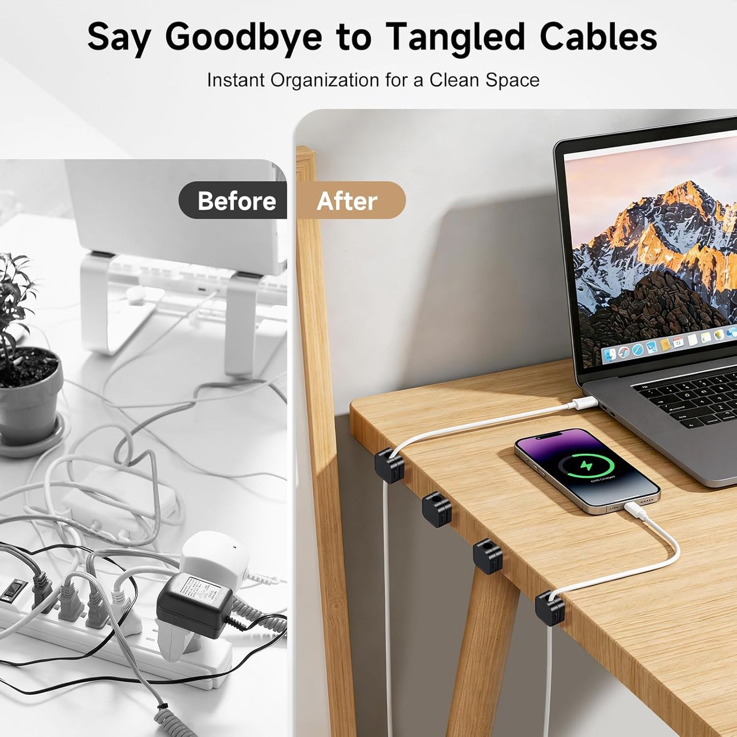 10 Pack Magnetic Cable Clips, Cord Organizer with Strong Adhesive Cord Holder for Nightstand, Desk, Home Office, Car, Phone Charger, USB, HDMI Cable Holder, Black