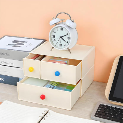 Desktop Storage Drawers, Plastic Desk Organizer with 3 Drawers, Modular Stackable Toolbox Units for Office Stationary, Makeup Container, Bathroom Countertop (1 Tall Layer, Cream & Clear)