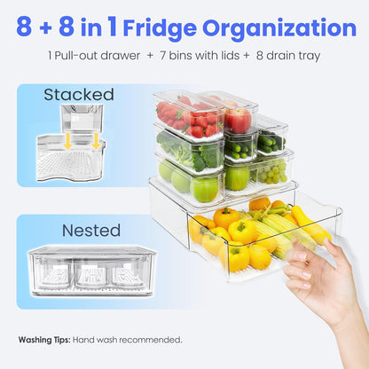 SMRCAD 8 Pack Refrigerator Organizers, Clear Pull-out Drawer Container and Organizer Bins with Lids, Stackable Storage Containers for Fruits, Vegetable (Set of 8 (Include Pull Out Drawer))