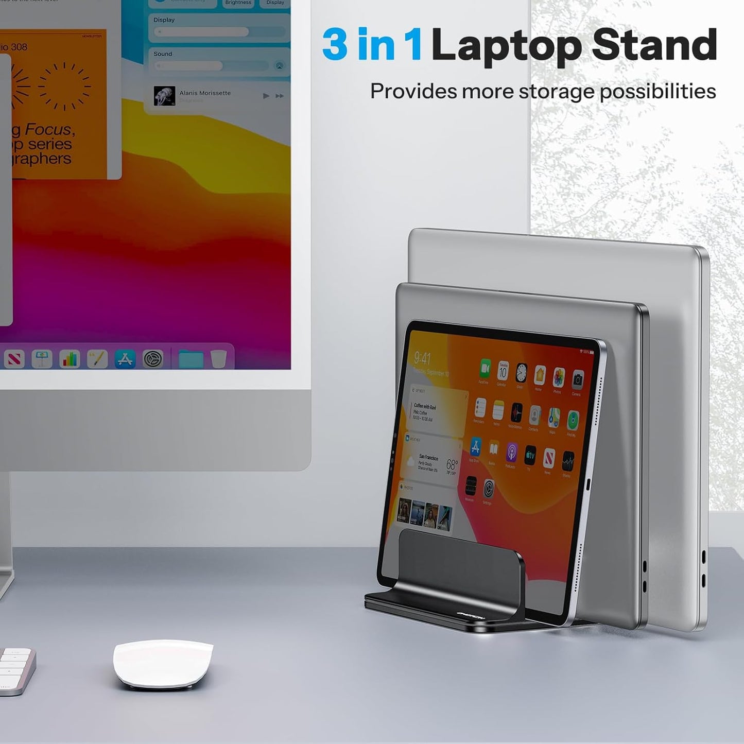 OMOTON Vertical Laptop Stand [Updated 3-Slots Version], Desktop Aluminum Mac Book Stand with Adjustable Dock Size, Fits All Mac Book, Chrome Book and Gaming Laptops (Up to 17.3 inch), Starlight