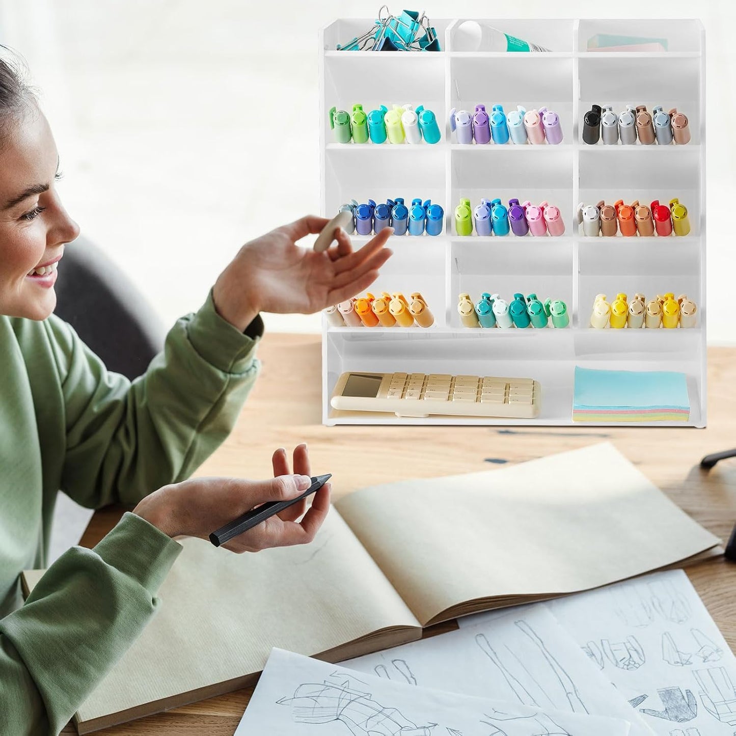 MotiMind Acrylic Pen Organizer Storage for 250 Markers Vertical Marker Organizer Acrylic Pen Display Holder for Office Desk Desktop Stationery Pencil Storage, Clear, 13 x 4 x 12.4 Inch