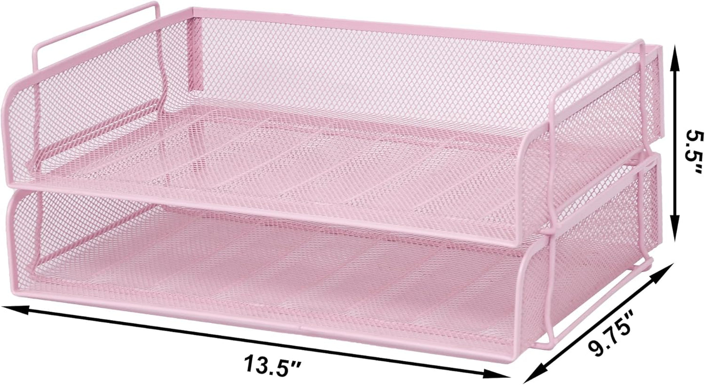 EASEPRES 2 Pack Stackable Desk Paper Tray, Metal Mesh Desktop Document Letter File Organizer for Office Home School, 13.5'' L x 9.75'' W x 5.5'' H, White