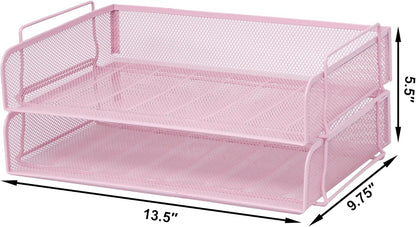 EASEPRES 2 Pack Stackable Desk Paper Tray, Metal Mesh Desktop Document Letter File Organizer for Office Home School, 13.5'' L x 9.75'' W x 5.5'' H, White