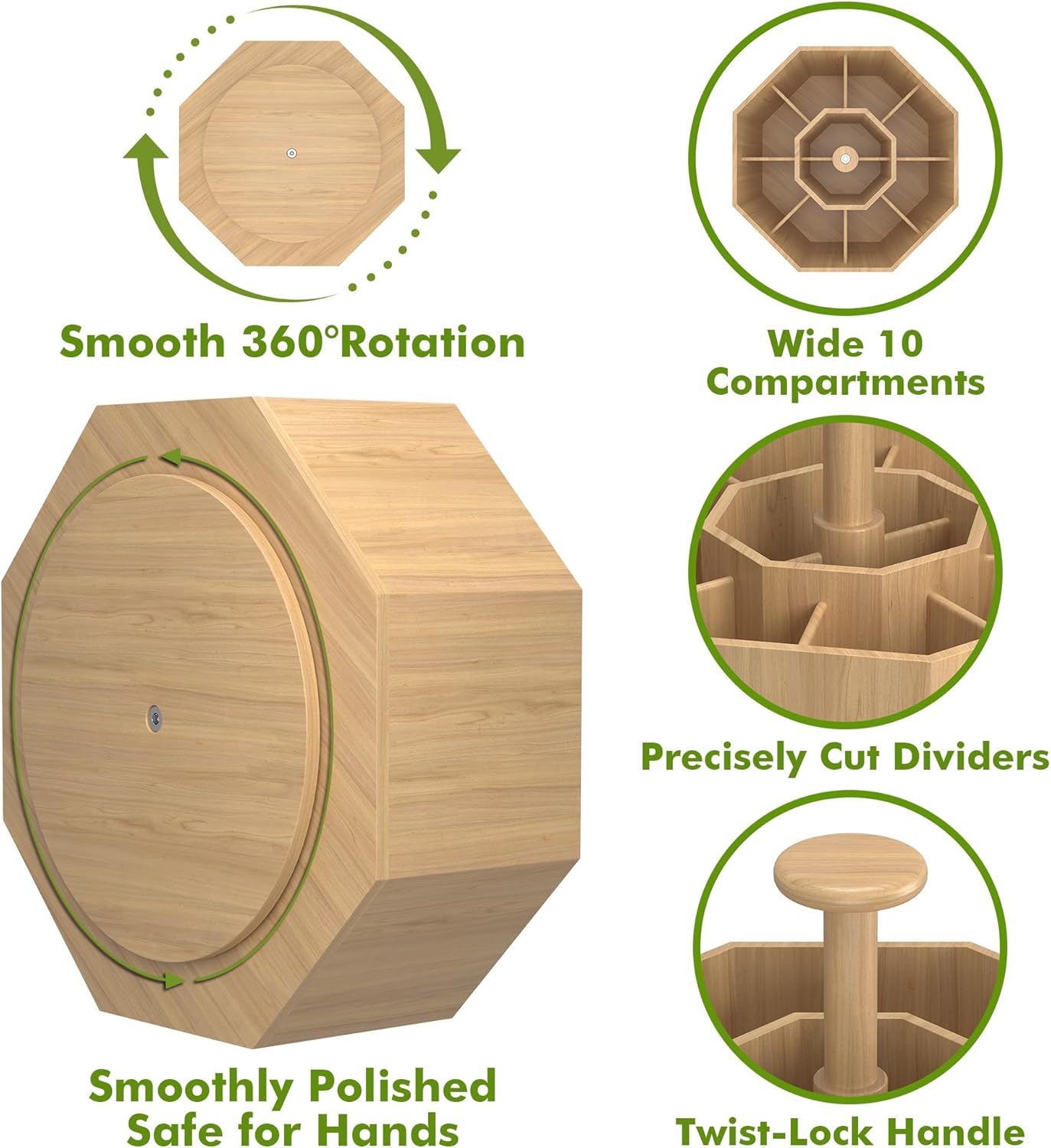 CraftGenes Bamboo Rotating Pen Organizer for Desk, 360° Spinning Desk Organizer with 10 Compartments, Wooden Pencil Holder, Desk Caddy for Office Supplies, Marker Organizer for Office Home School