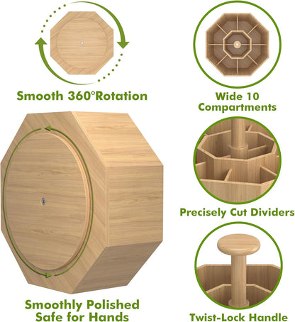 CraftGenes Bamboo Rotating Pen Organizer for Desk, 360° Spinning Desk Organizer with 10 Compartments, Wooden Pencil Holder, Desk Caddy for Office Supplies, Marker Organizer for Office Home School