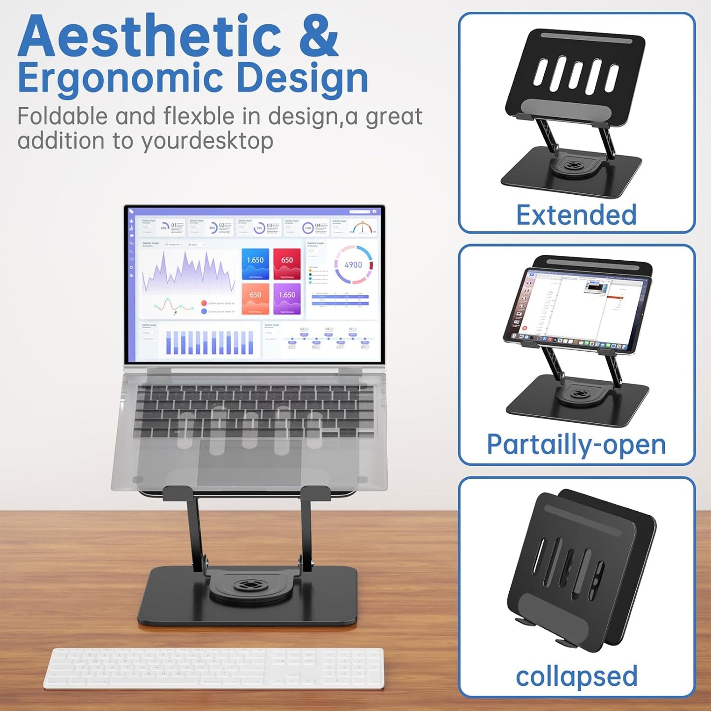 Laptop Stand for Desk Adjustable Computer Stand with 360 Rotating Base Ergonomic Laptop Riser Mount for Desk Foldable Protable Computer Desk Fits with MacBook Pro Air, Round Black