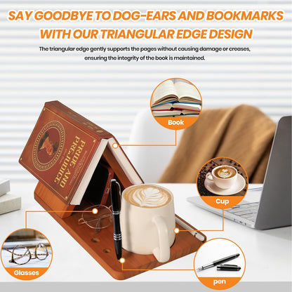 Wood Desktop Book Stand for Reading Rest Birthday and Mothers Day Gifts, Book Page Holder Thumb Bookmark,Magnet Couple Photo or Note, Book Accessories, Triangle Book Nook with Cup for Book Lovers