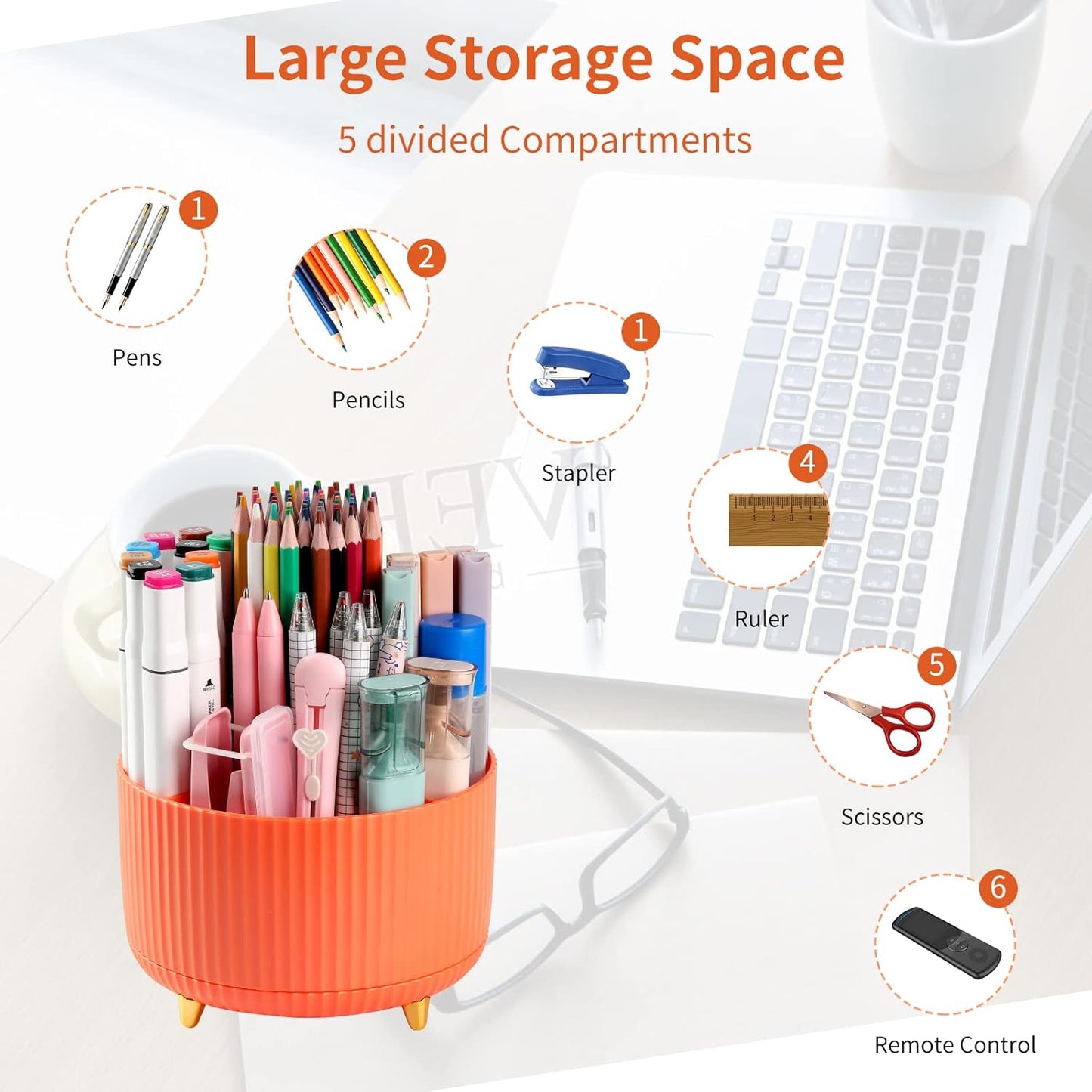 Desk Pencil Pen Holder, 5 Slots 360°Degree Rotating Pen Organizers for Desk, Desktop Storage Stationery Supplies Organizer, Cute Pencil Cup Pot for Office, School, Home, Art Supply, Dark Green