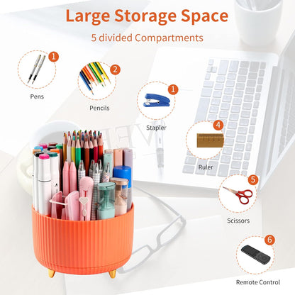 Desk Pencil Pen Holder, 5 Slots 360°Degree Rotating Pen Organizers for Desk, Desktop Storage Stationery Supplies Organizer, Cute Pencil Cup Pot for Office, School, Home, Art Supply, Dark Green