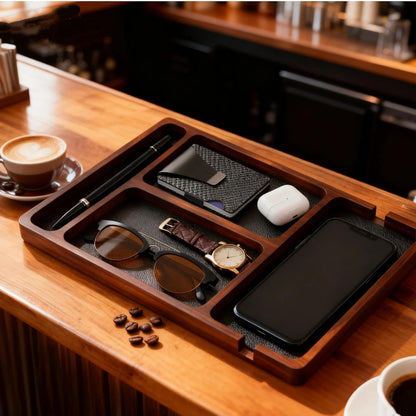 Wooden Valet Tray with Leather Inlay - Key and Wallet Tray, Wooden Jewelry Tray - Nightstand Desk Organizer for EDC Essentials (Keys, Phone, Wallet, Watch, Earbuds) (wood)