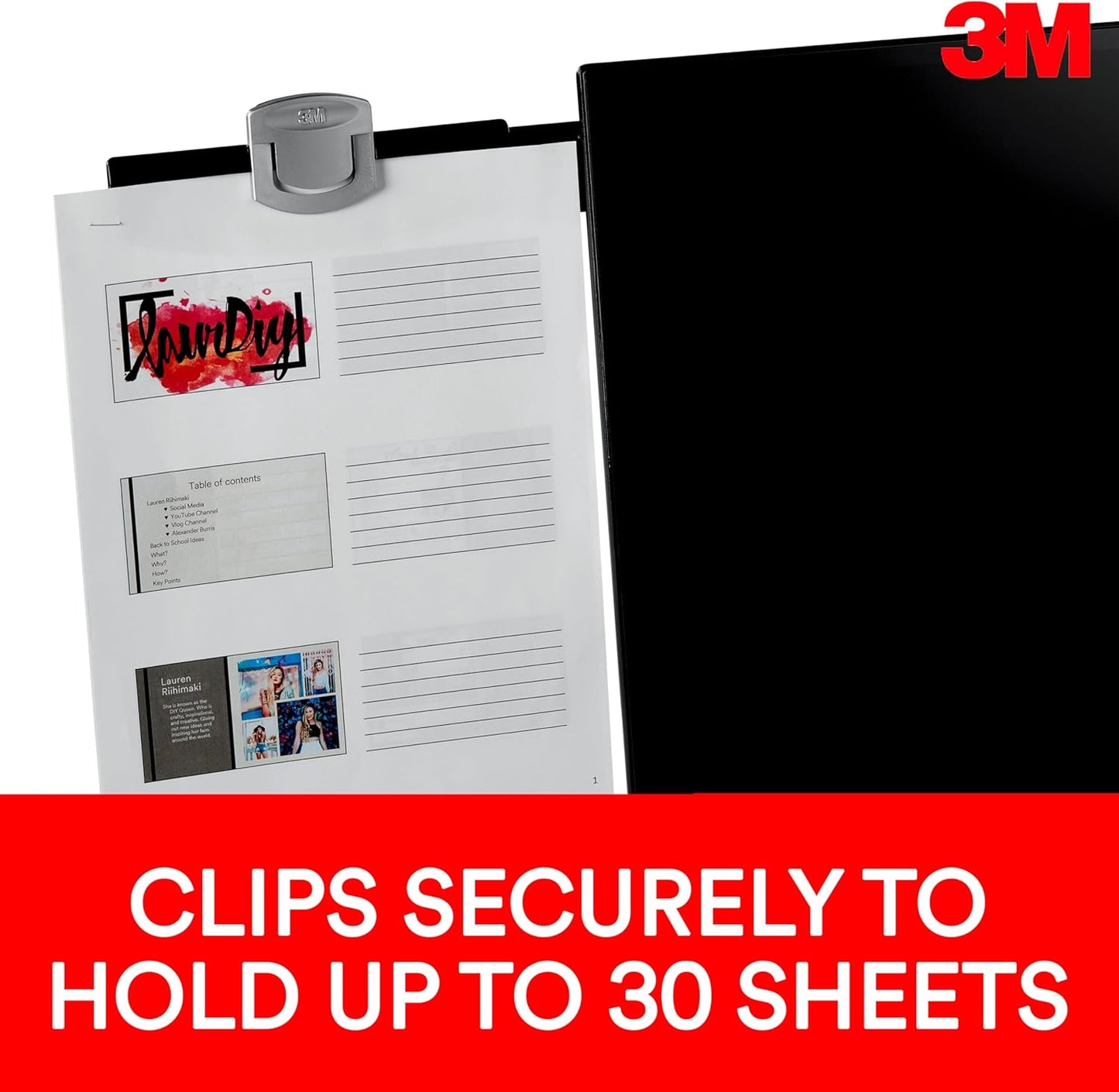 3M Monitor Mount Document Clip Copy Clip, Mounts Right or Left with Command™ Adhesive, Use on Monitors and Laptops for Easy Viewing and Reduced Clutter, Holds up to 30 Sheets, Black (DH240MB)