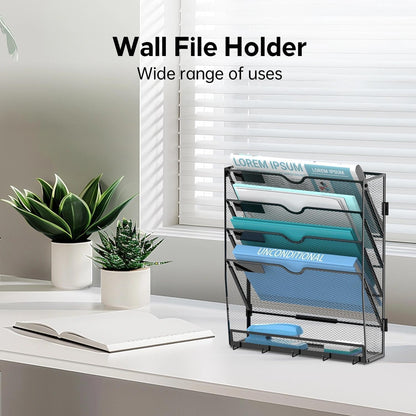 5 Tier Wall File Organizer - Hanging File Organizer with 5 Hooks, Mail Holder Wall Mounted for Papers, Folders, Magazines, Bills, Office&School Organization, Black