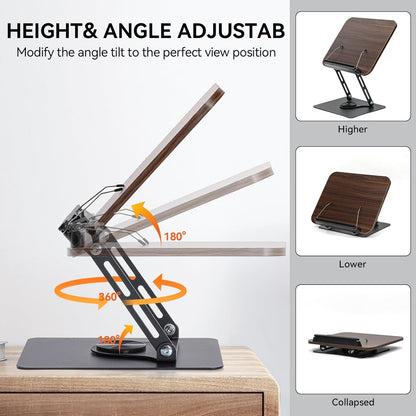 360° Rotating Book Stand for Reading, Adjustable Foldable Book Holder for Reading, Cooking, Office, Compatible with Cookbooks, Textbooks, Tablets, Sheet Music, and Laptops (Black Walnut)