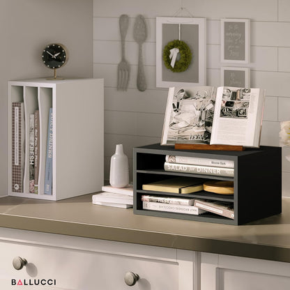 Ballucci 4-Tier Paper Organizer for Desk, Stackable Organizer Tray, Desk Storage Shelves, Stacking Letter Paper Tray Sorter for Classroom, Office, White